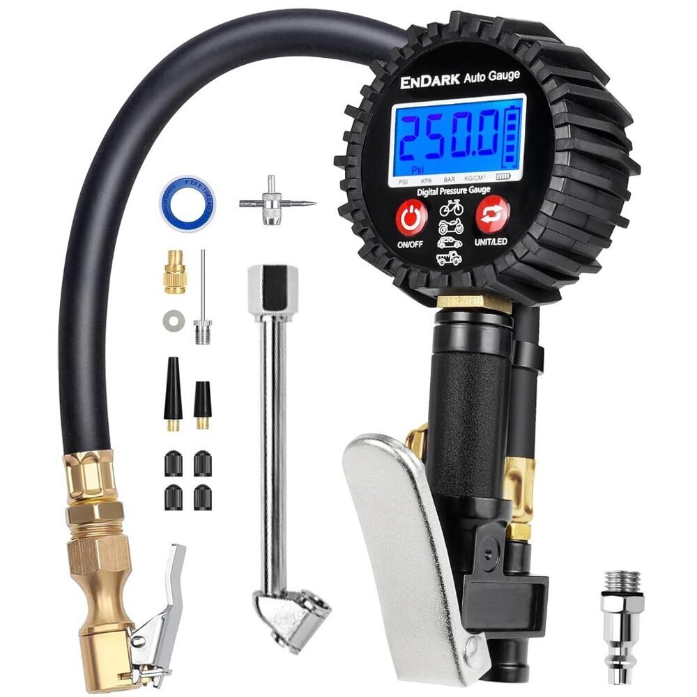 Digital Tire Pressure Gauge with Inflator: 250 PSI Air Compressor Attachment Inf